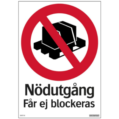 SKYLT: NÖDUTGÅNG FÅR EJ BLOCKERAS A4